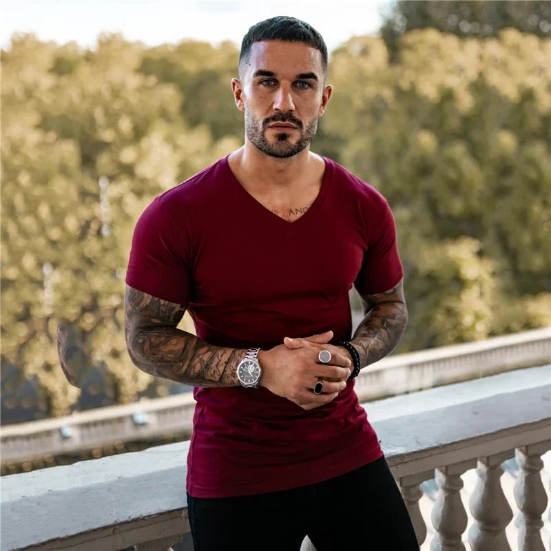 Hombres Moda Cuello V Manga Corta Fitness Ejercicio Verano Algodón Transpirable