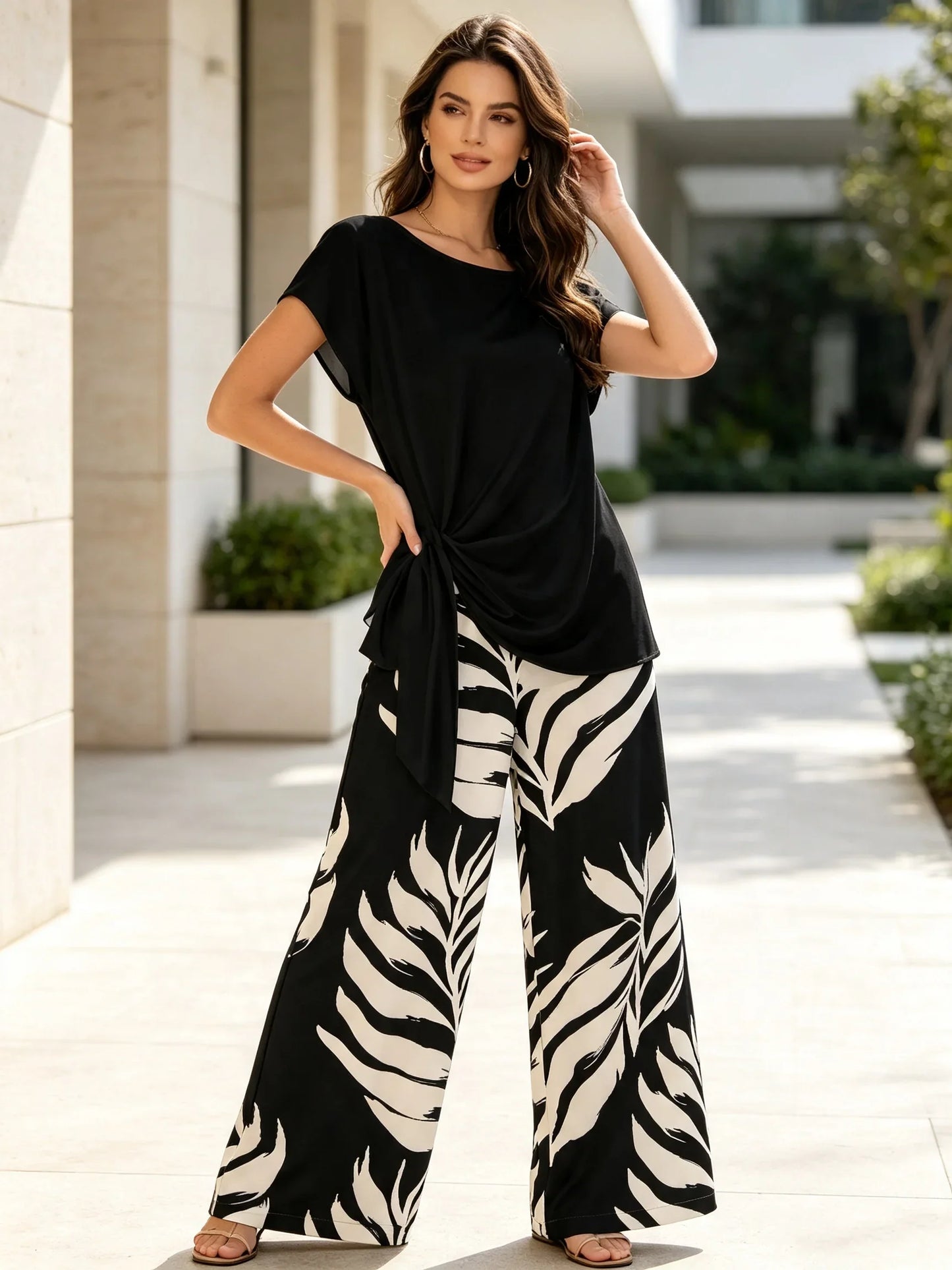 Women's Black Side-Twist T-Shirt And Black White Leaf Print Wide-Leg Pants Two-Piece Set Casual Lazy Style Outfit