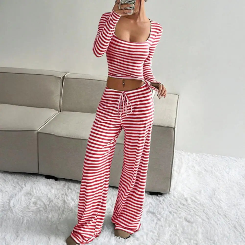 Women's Striped 2 Piece Outfits Long Sleeve Square Neck Cropped Top Drawstring Wide Leg Pants Set Casual Lounge Lady Sweatsuits