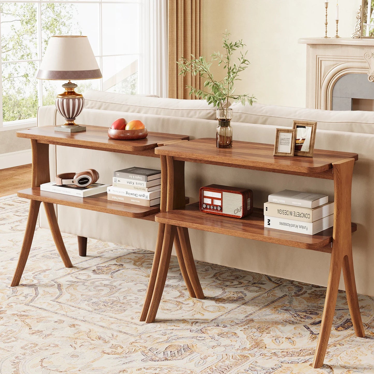 Tribesigns Walnut Side Table for Living Room, Narrow End Table with 2-Tier Storage Shelf and Solid Wood Legs, Slim Bedside Table