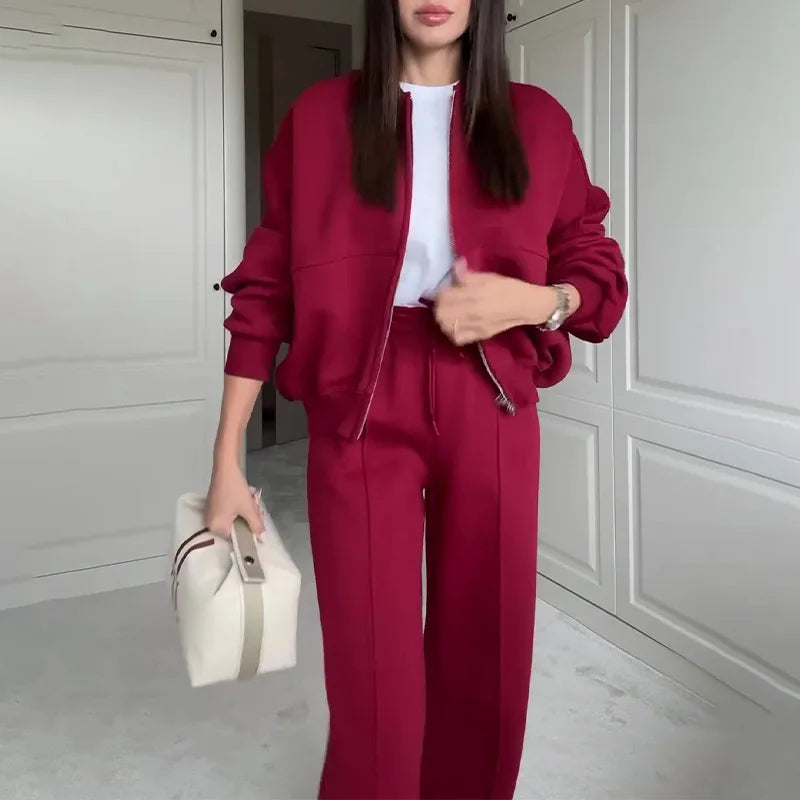 Fashion Women's Suit Zipper Trousers Round Neck Sweatshirt Wide Leg Trousers 2 Piece Set Conjuntos De Pantalón Fall Clothes 2025