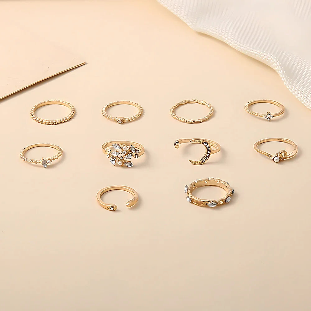10pcs Rings Suit for Women Gold-Color Chain Ring Set Bohemian Style