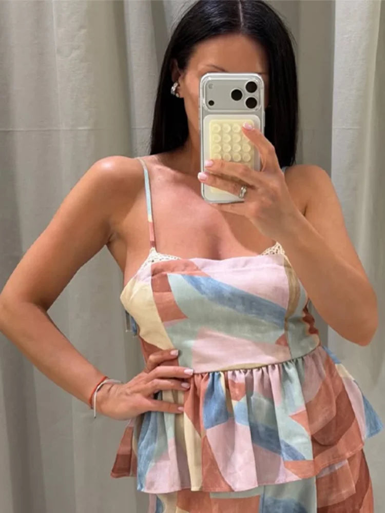 Print Lace Up Waist Cinching Top Pants Suits Women Sexy Spaghetti Strap Sleeveless Backless Slim Tops Wide Leg Trousers New Sets