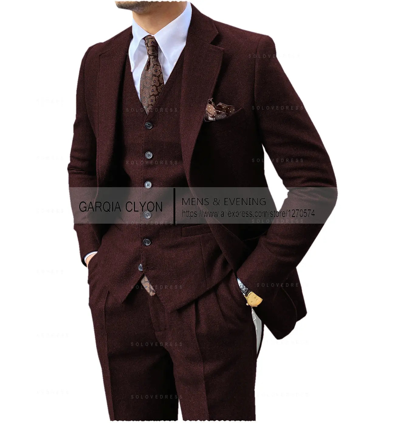 3 Pieces Men's Suits Tweed Herringbone Slim Fit Business Cauasl
