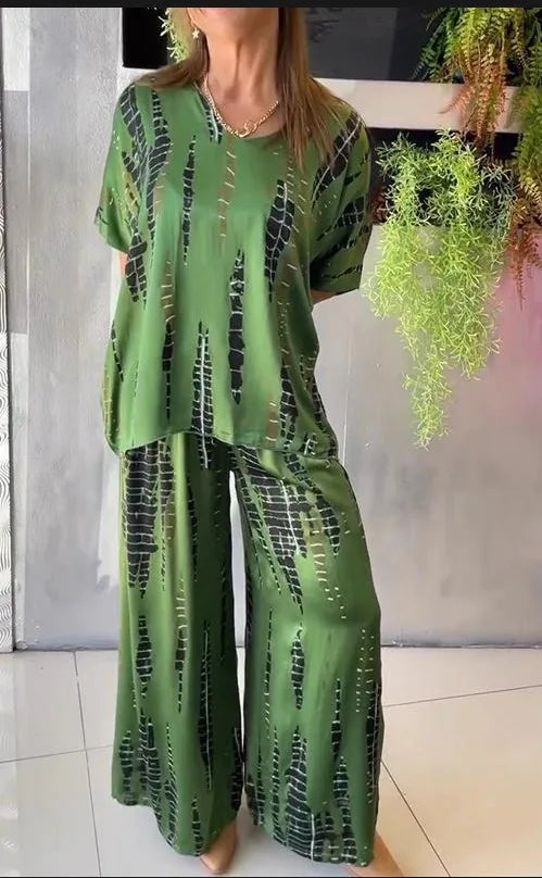 Summer Fashion T-shirt Pants Set Women Geometric Print Short Sleeved Tops Loose Wide Leg Pants Elegant Lady Set Clothing 2025