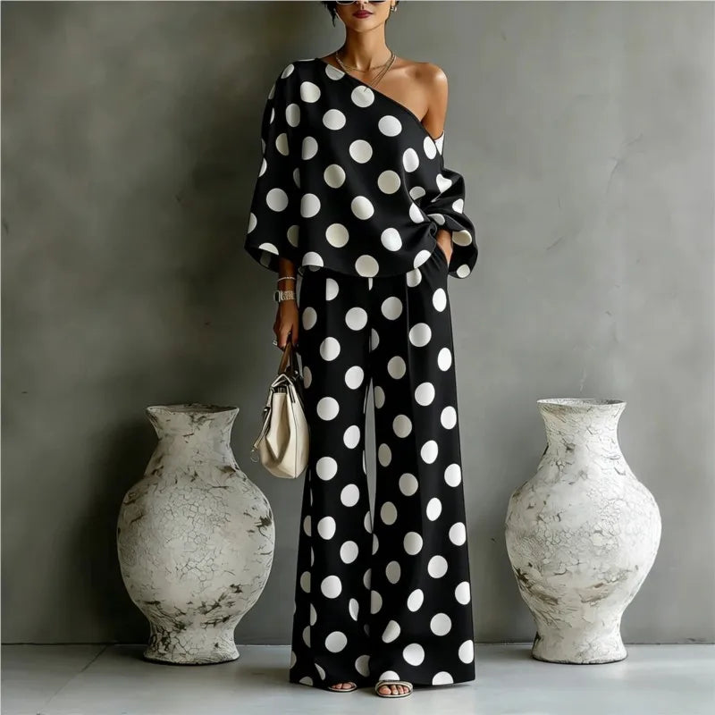 Bohemian Fashion Polka Dot Print Two-piece Set Woman's Foreign Style Slant Collar Top+wide Leg Pants Suit Lady Loose Fit Outfit