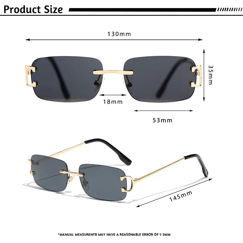 HBK Retro Rimless Small Sunglasses Women Metal Rectangle Gold Frame Brand Design Men Eyewear Driving Travel Beach Eyewear UV400