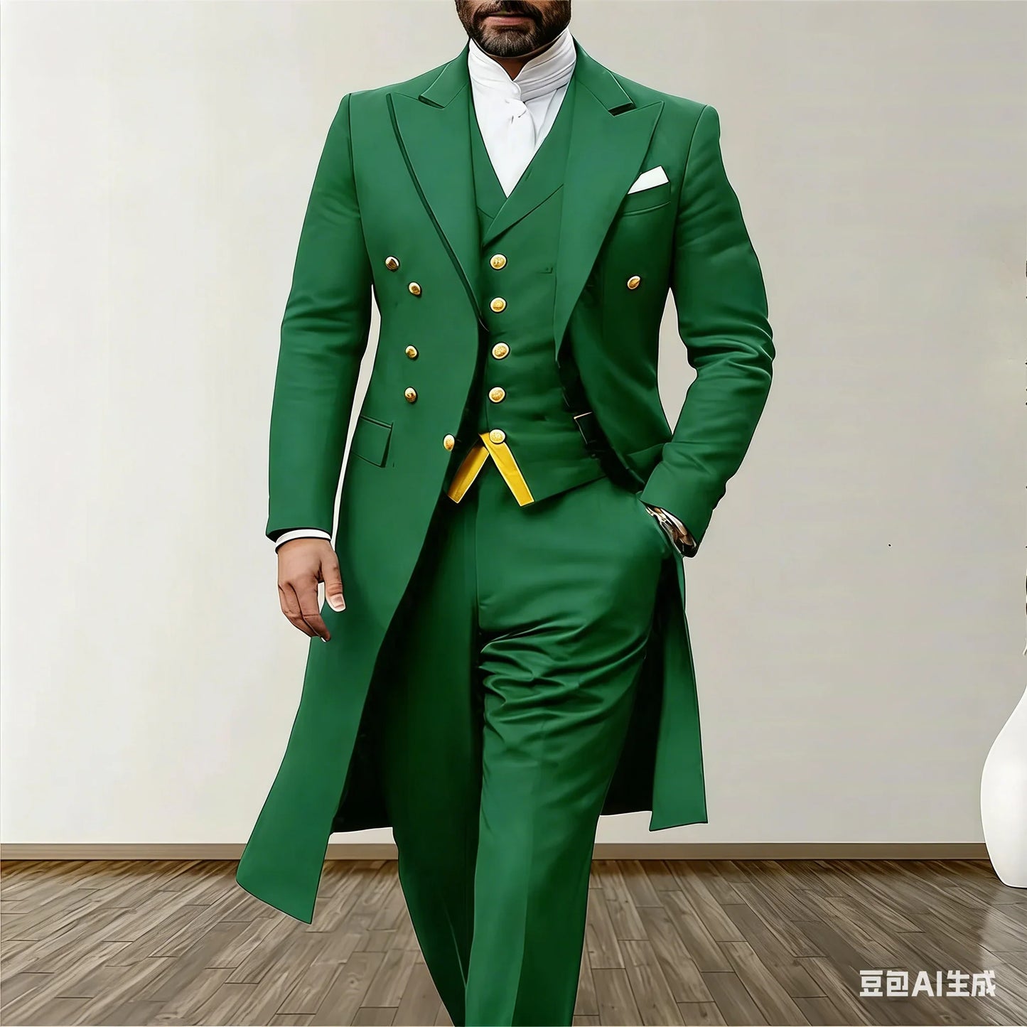 Blue Men Wedding Suits 3 Piece Long Blazer Vest Pants Satin One Button