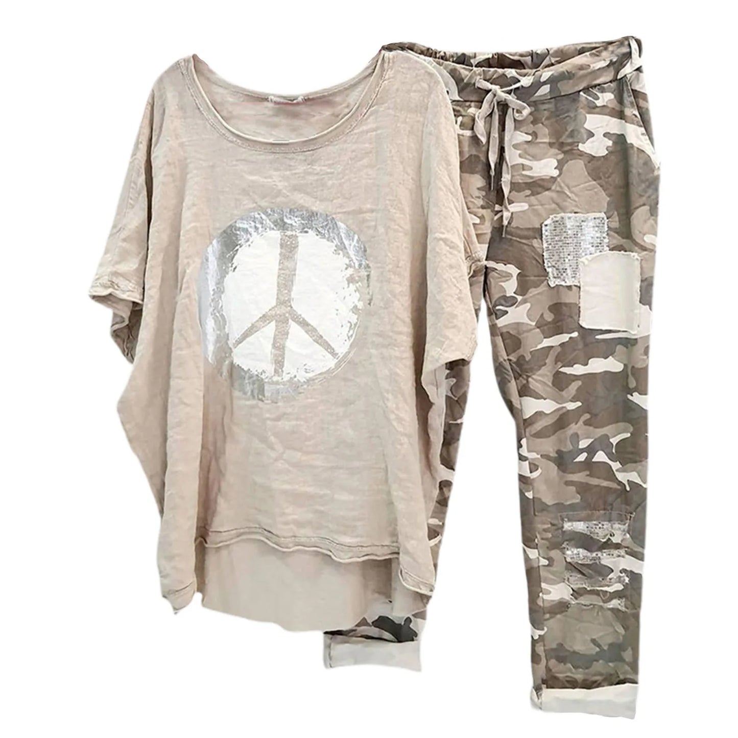 Womens Two Piece Camouflage Set Summer Outfits for Women Cotton Linen Suit 2023 Casual Print Short Sleeve Harajuku