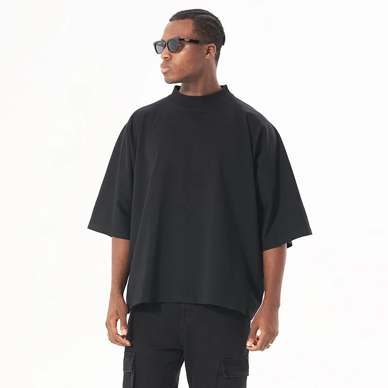 300GSM Heavyweight Cotton Boxy Cropped Tee | Slim Neck Streetwear T-Shirt Hip Hop Men's Short Wide Distressed Shirt