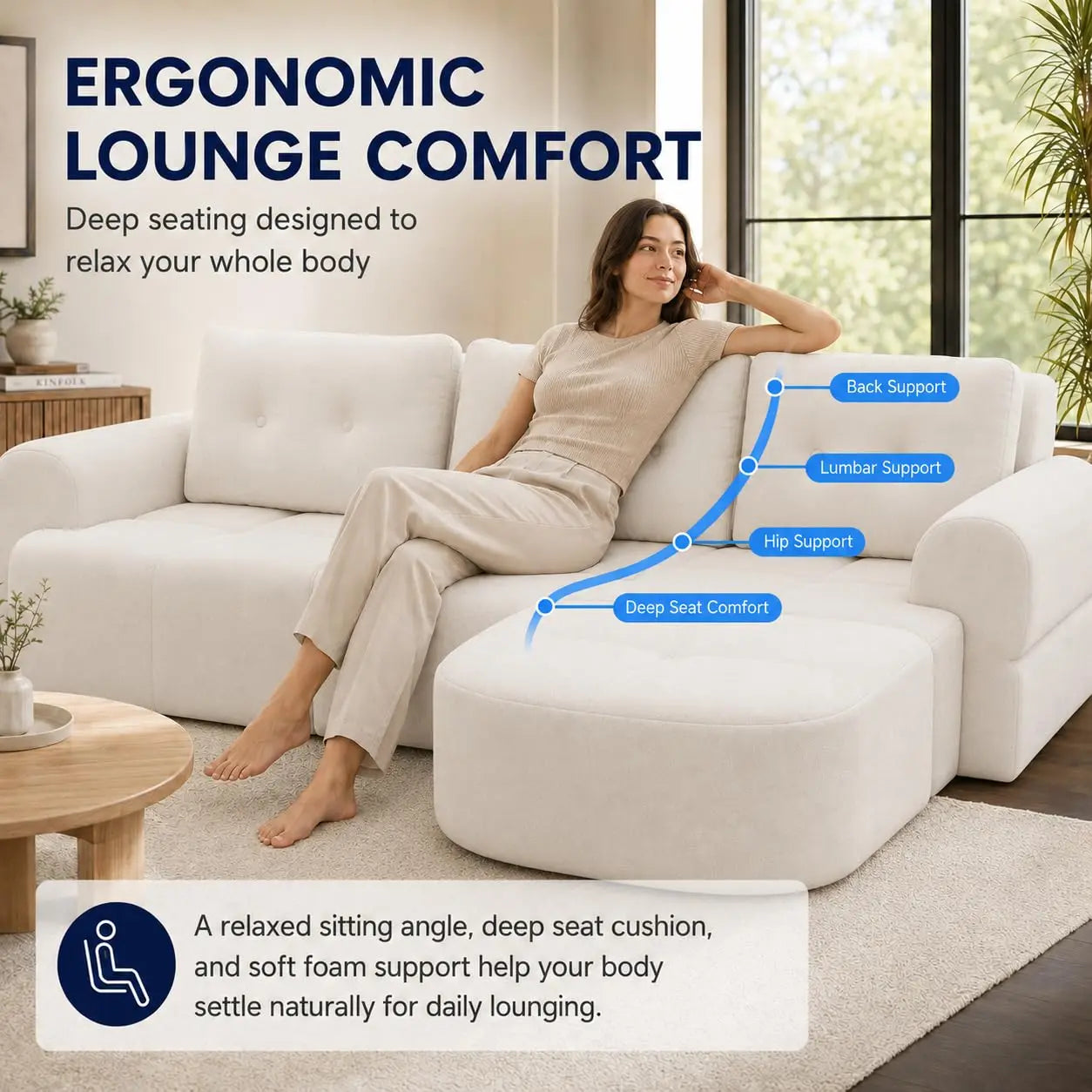 110" Boneless Chenille Cloud Sofa with Chaise, 4 Seater L-Shaped Modular Sectional for Living Room, Beige-White, Customized