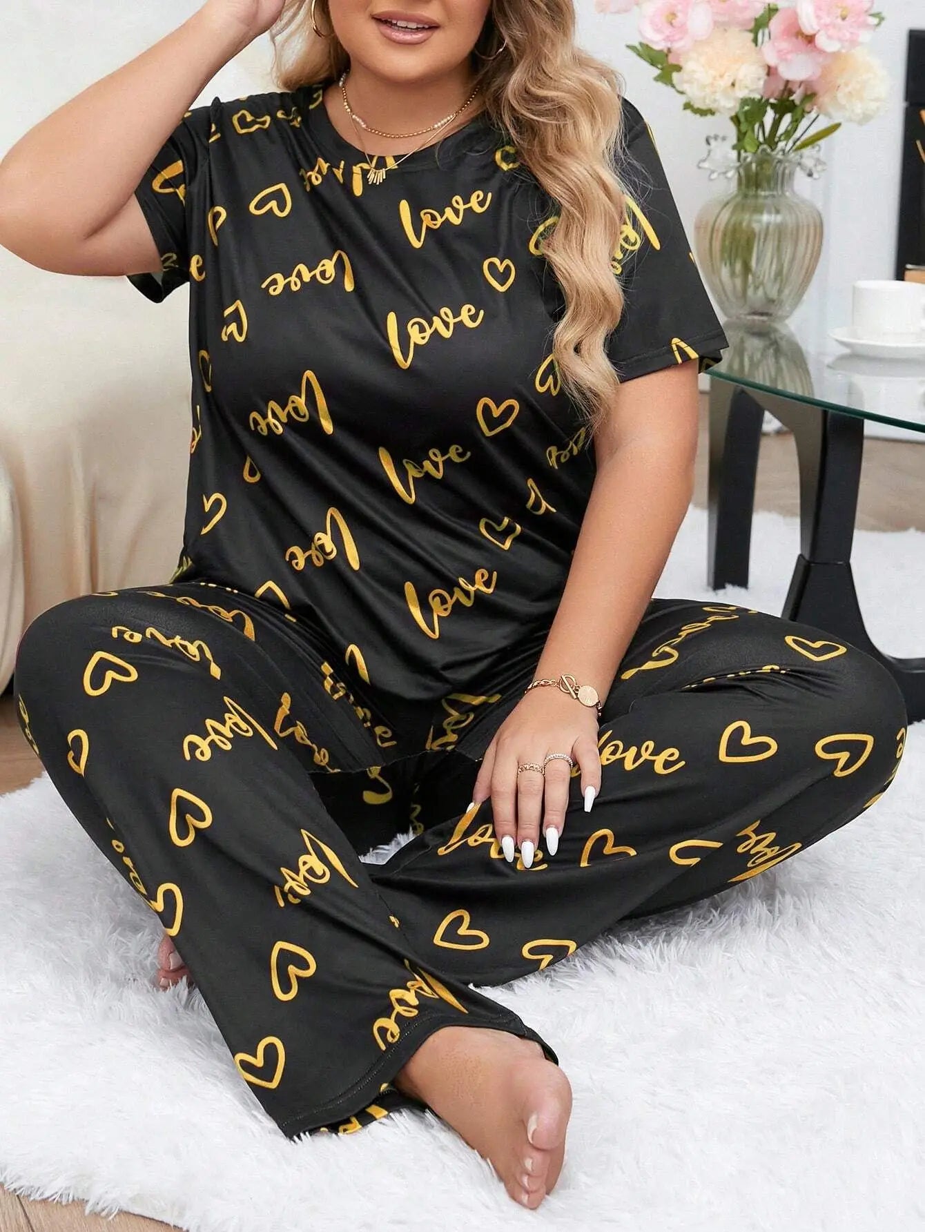 Women's Pajama Sets Short Sleeve with Long Pant Soft Sleepwear Printed pj Loungewear XL to 5XL