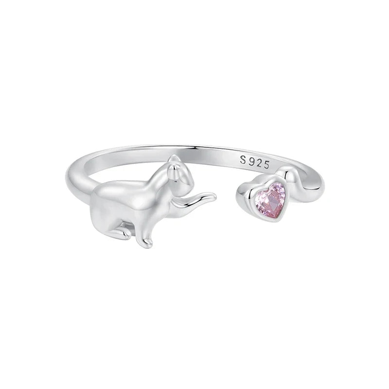 WOSTU 925 Sterling Silver Cat Pet Adjustable Rings For Women Animal Dog Open Ring Family Daughter Birthday Jewelry Girl Gift