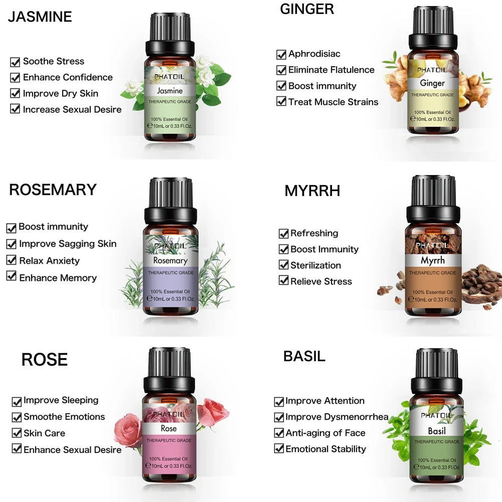 PHATOIL 10ml Ginger Essential Oil for Perfume Candles Making Spa Massage Humidifier Rose Jasmine Pine Needles Tangerine Thyme