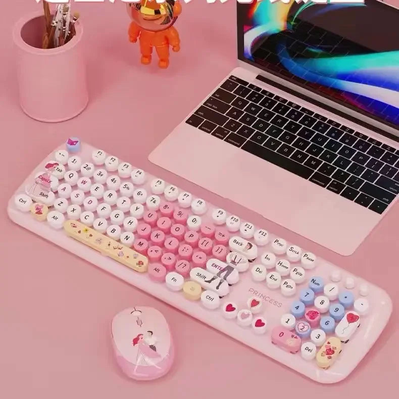 Kawaii Princess Wireless Keyboard and Mouse Set Cartoon Theme Keycaps Keyboards 2.4G Wireless Keyboard For Laptop Girls Gift