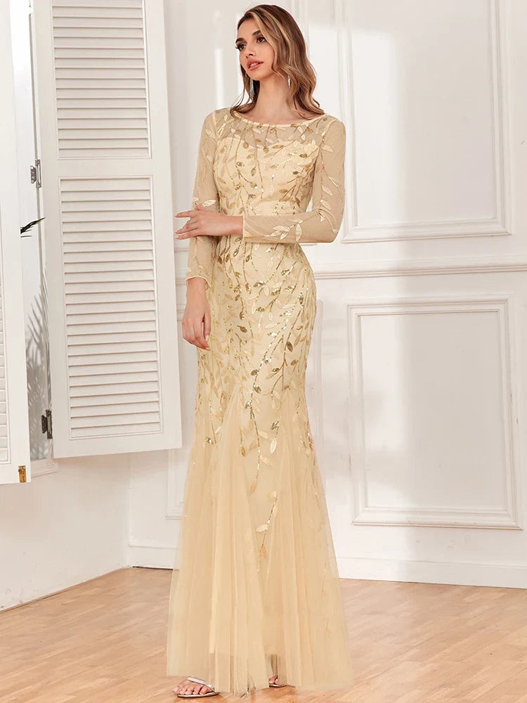 2024 Hot Sale Mermaid Evening Dresses O-Neck Full Sleeve Tulle Embroidery Long Party Gown Elegant Formal Dress