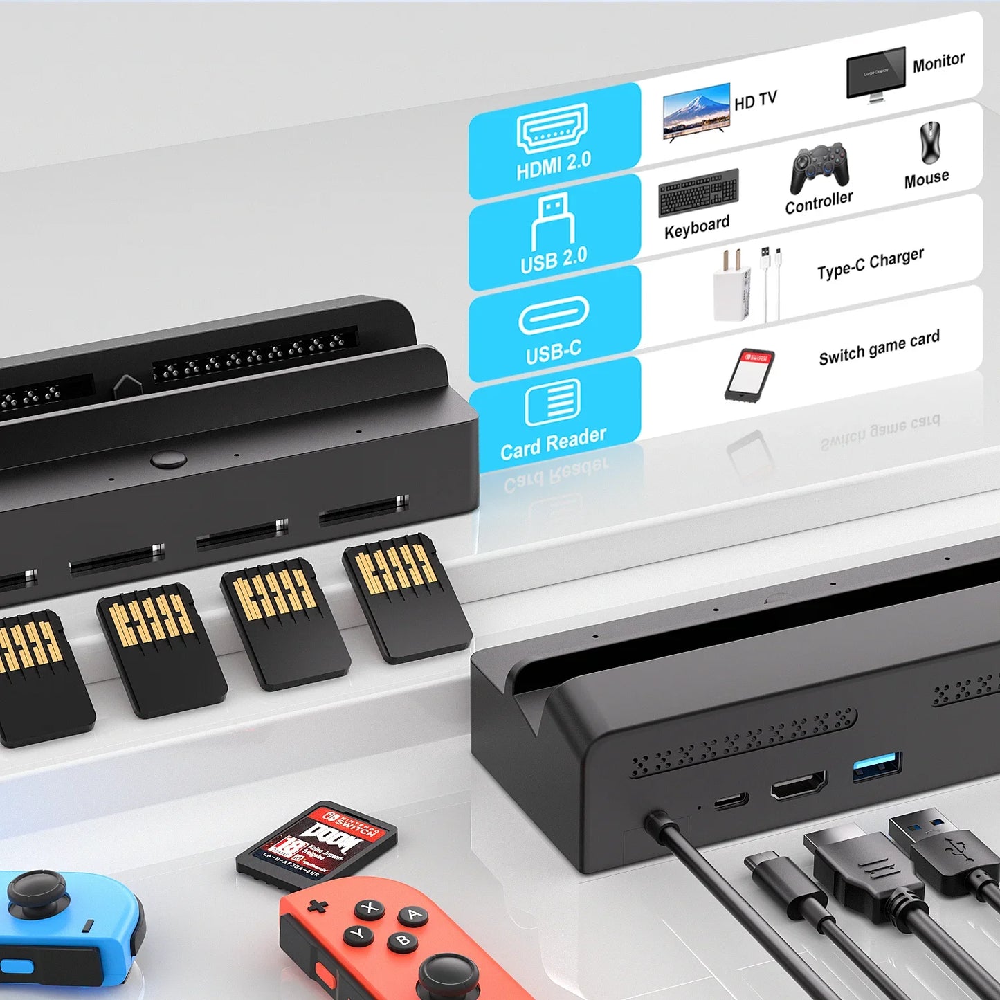 For Nintend Switch 7 In 1 Game Card Reader Switch For Switch OLED Screen Mirroring Base, Supports One-Click Switching of Games