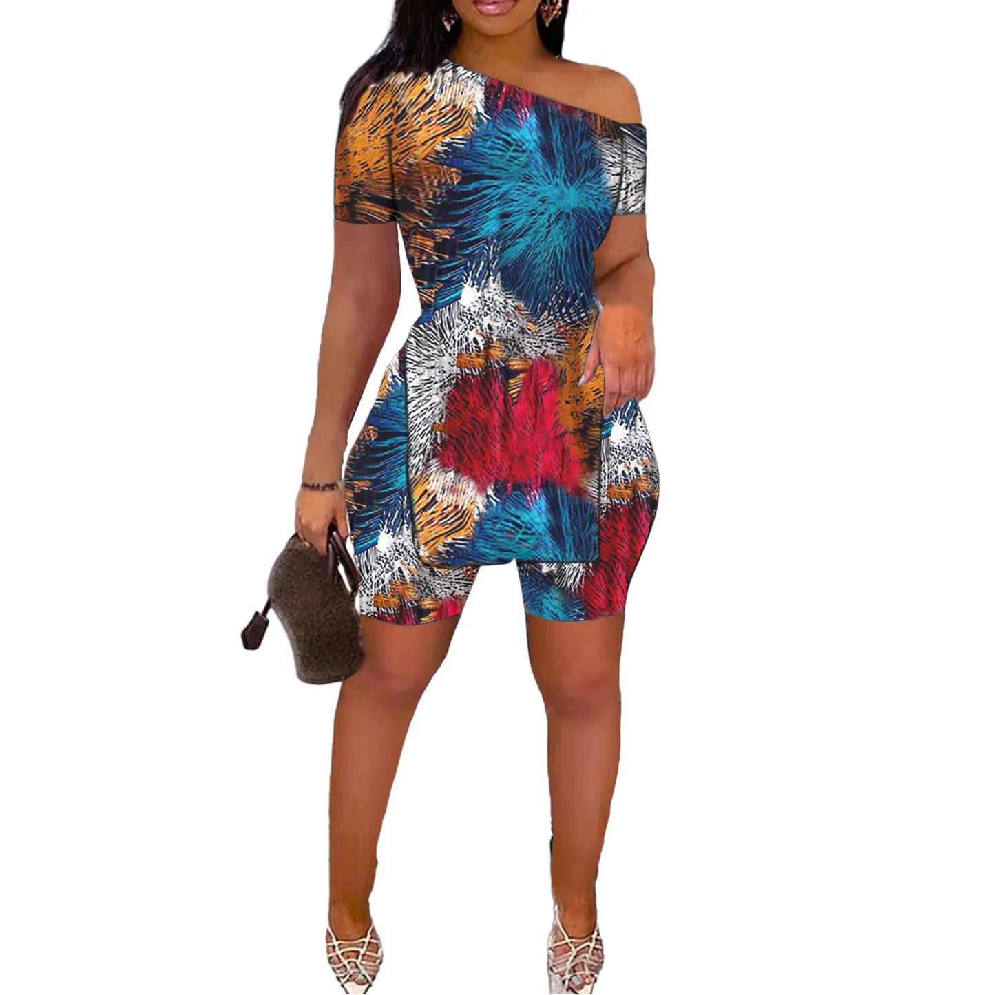 Print Two Piece Shorts Sets Women Skew Collar Short Sleeve Shirts Side Split Tops Pullover Elastic Waist Trousers Summer 2025