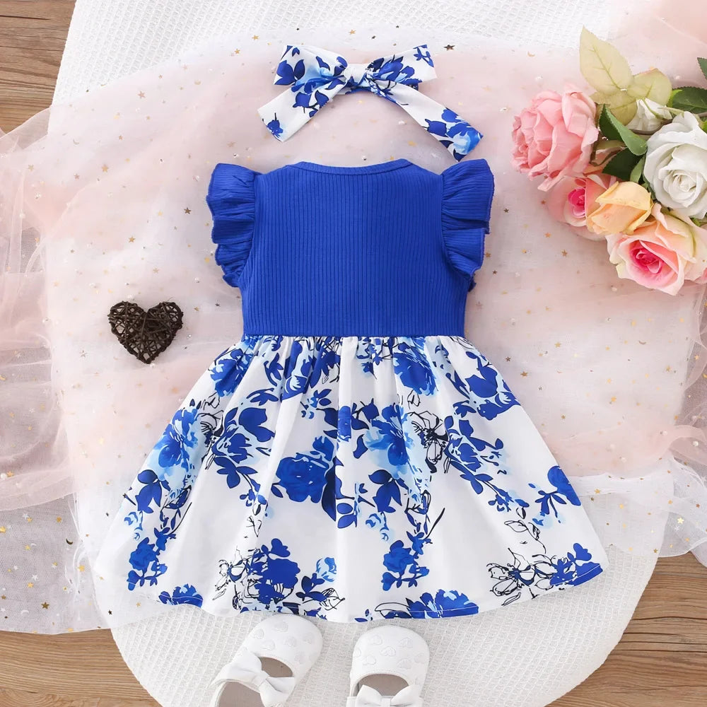 Baby Girl Dress Summer Cotton Bow Print Small Fly Sleeves Girls