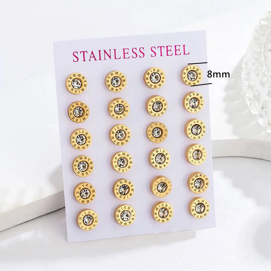 12 Pairs Pack Stainless Steel Round Shape Cubic Zircon Roman Numeral