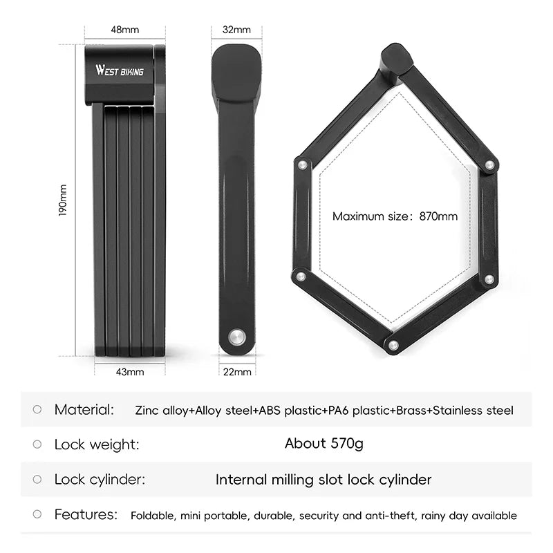 WEST BIKING Bike Foldable Lock Anti-theft Electric E-Bike Chain Padlock Motorcycle Safety Portable Locks Bicycle Accessories