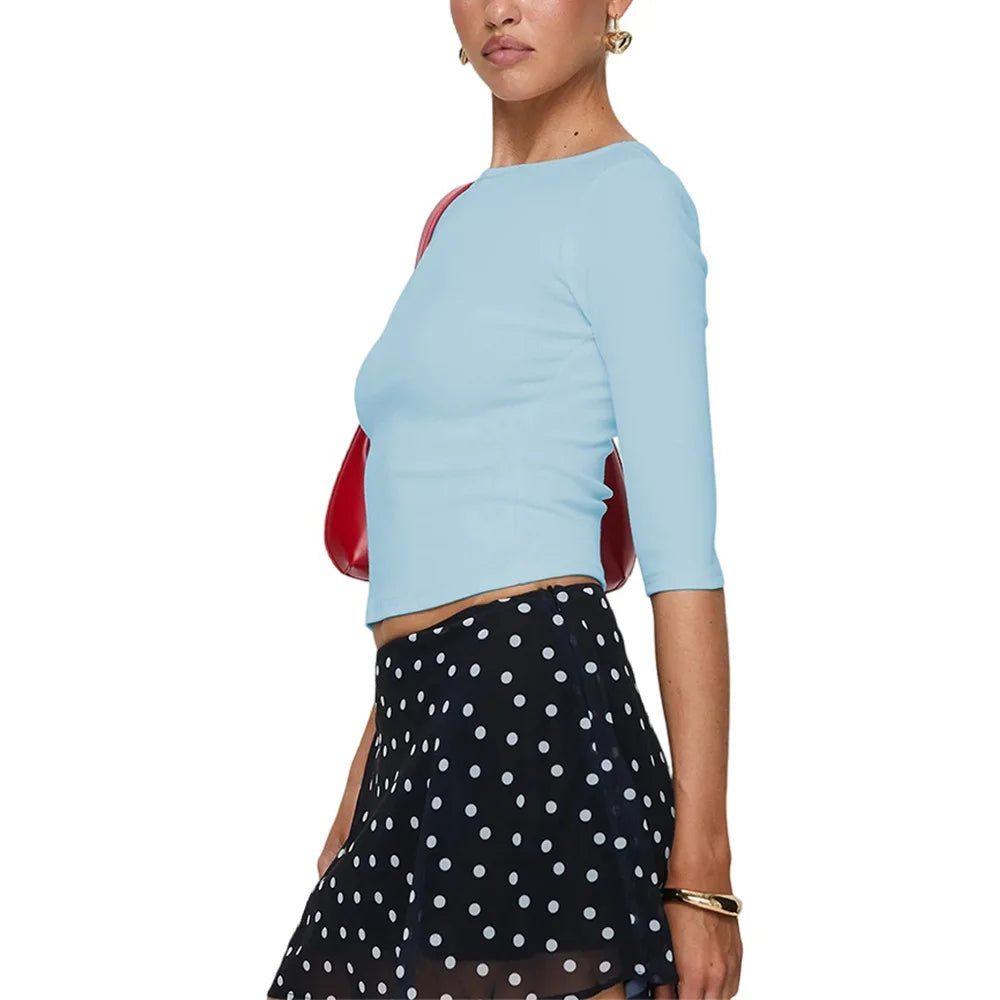 Minimalist Basic Ribbed Knit Top Women 3/4 Sleeve O neck Cropped T-Shirt Lady Summer Streetwear Y2K Casual Blouse Women Clothing