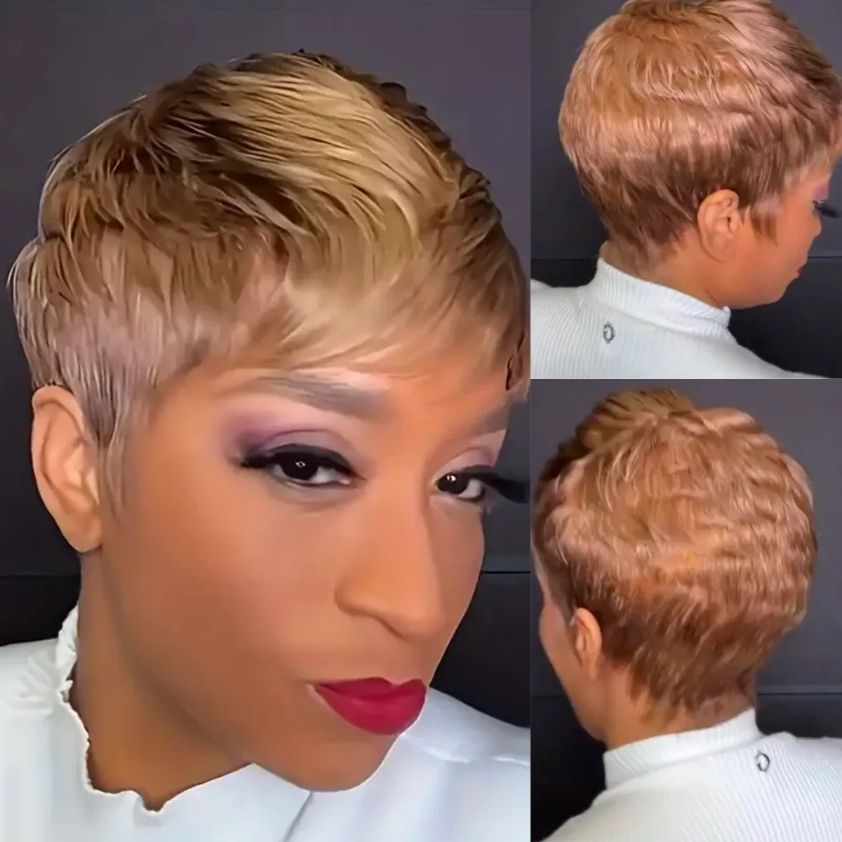 WIGERA Pelucas sintéticas destacadas Corto Liso Pixie Cut Peluca Bob Pelo Dorado Miel Mezcla Negro Cabello para Mujer