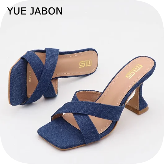 Blue Women's Shoes 2026 Fashion Summer Women's Slippers Square Toe Solid Color Denim Slip On Chunky Heels Casual Shoes Women