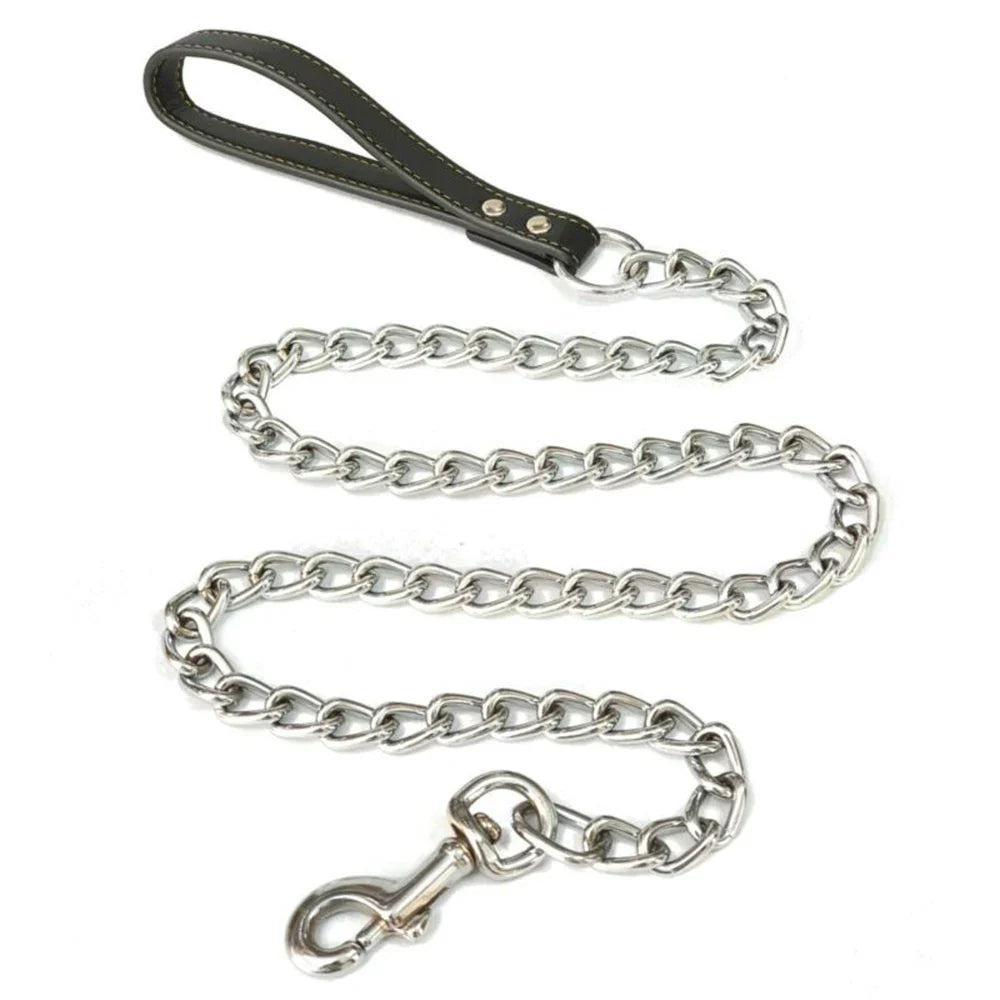 Metal Chain Dog Lead with Leather Style Handle Strong Control Leash Iron Dog Pets Supplies Collars Harnesses Chain Traction Rope