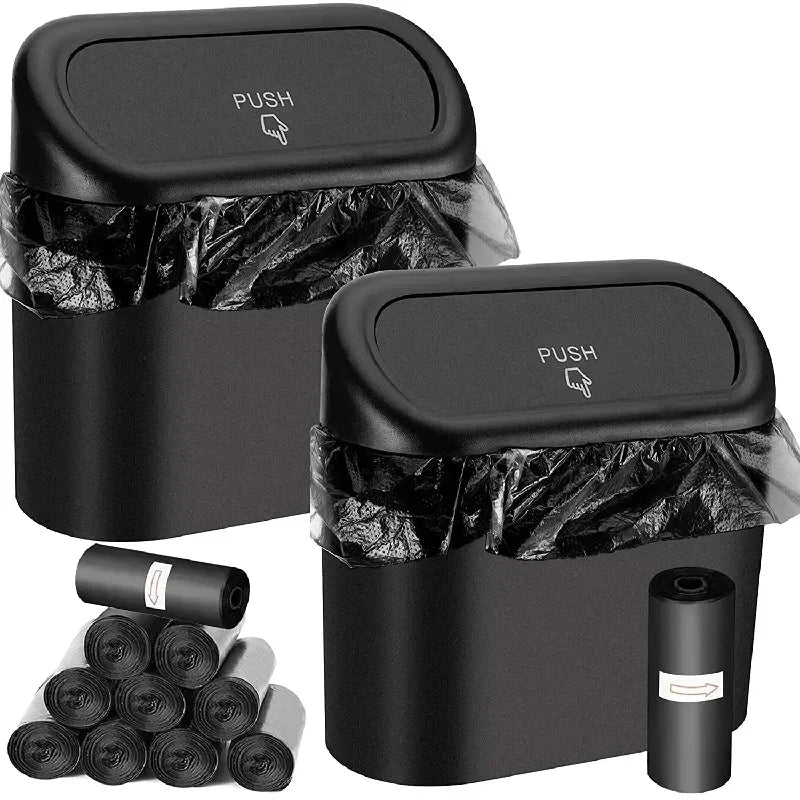 The covered car trash can contains 3 black garbage bags. The small car trash can is leak proof and miniature