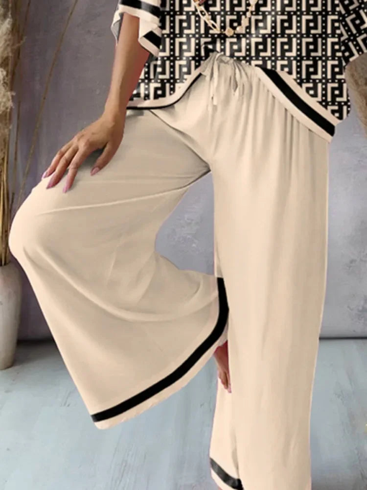 Missuoo Women's Loose Geometric Print V Neck Batwing Sleeve Top & Wide Leg Pants Set 2026 Summer Casual Loose 2 Piece Outfit