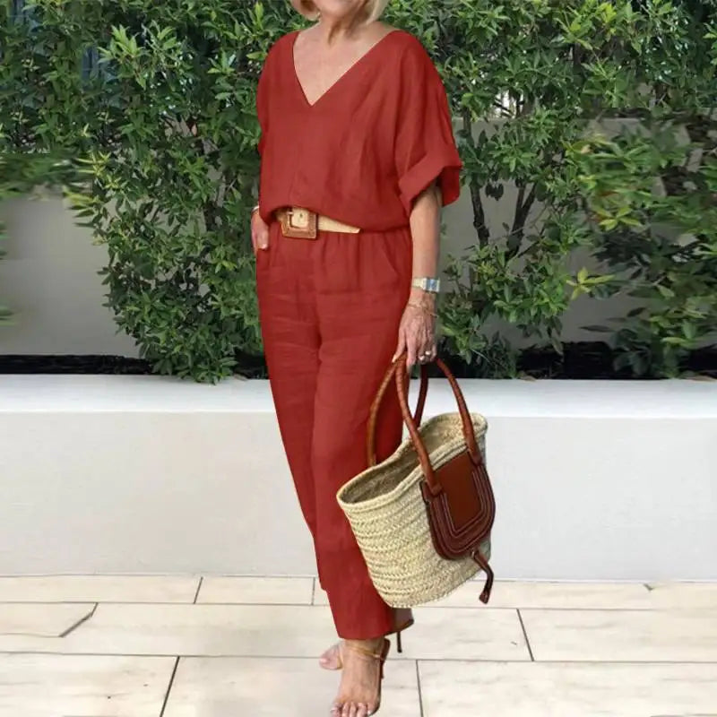 2 piece sets women outfit Women Suits Gray V-neck Short Sleeve Tops Wide Leg Pants Loose 2-piece Set Women Casual Women Clothes