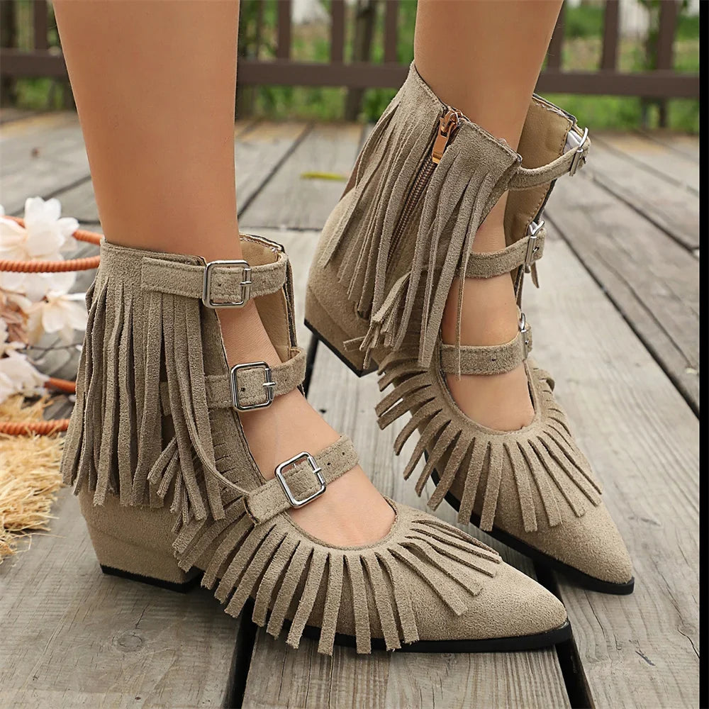 Women's Vintage Fringe Summer Ankle Boots Bohemian Buckle Straps Pointed Toe Ethnic Tassel Hollow Out Western Cowgirls Shoes