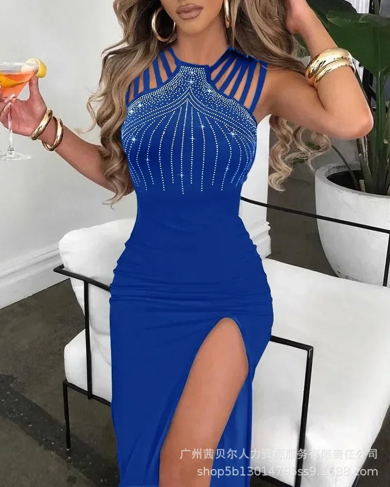 Women Spring Summer Glitter Lurex Halter High Slit Slim Fit Metal Chain Mid-Calf Bodycon Party Dress Sexy