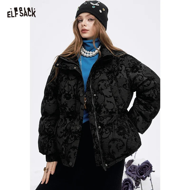 ELFSACK 2025 Puffy Down Coat Women Jacquard Embroidery Waist Gathered Gothic Royal Vintage Y2K Winter Long Puffer Jacket