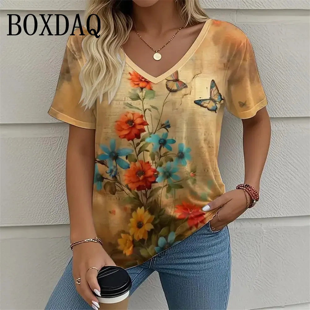 Plant Flowers 3D Print T Shirt For Women 2025 Summer Retro Short Sleeve Shirts Casual Tie Dye Butterfly Loose Plus Size Tops 8XL