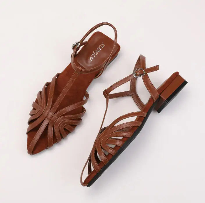 ZAROY Women Roman Sandals Summer Low Heel Ankle Strap Buckle Sandals Pointed Toe Hollowed Out T-strap Sandalias сандали