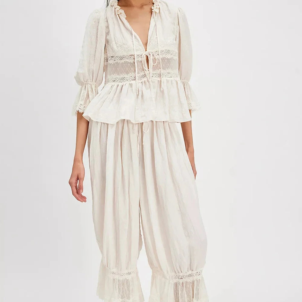 Women Kawaii Lace Trim 2 Piece Clothes Sets y2k Fairy Bow Tie Front Half Sleeve Shirts Ruffles Flared Lantern Pants Loungewear