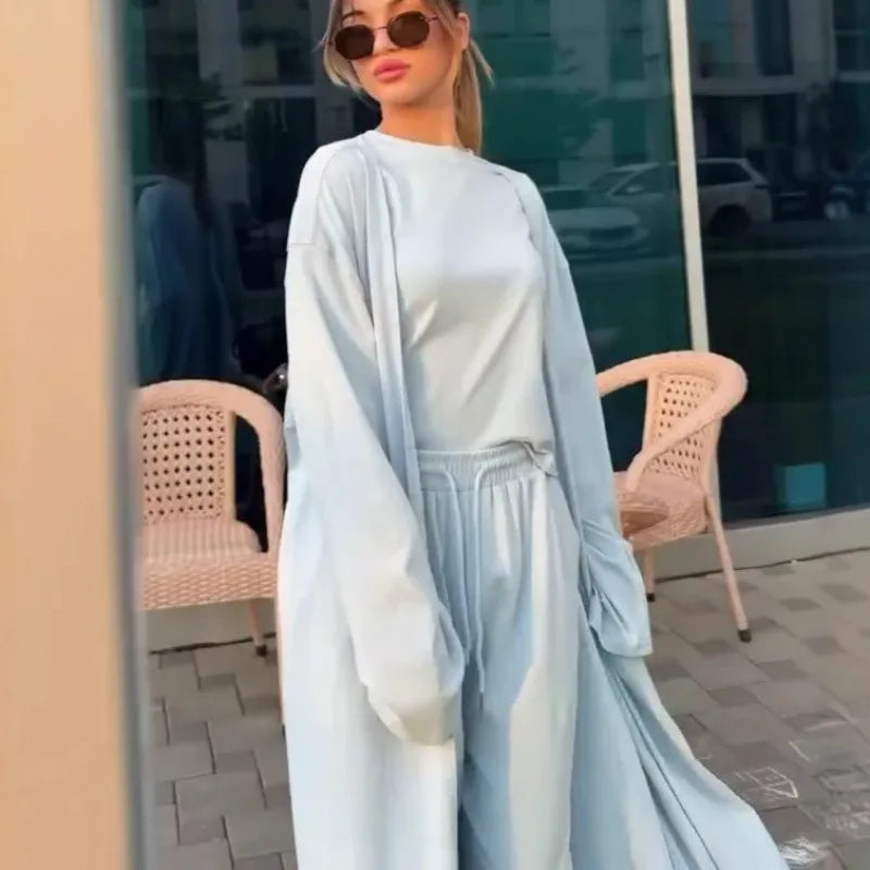 Pant Set Women Three Piece Sets Round Neck Short Sleeve Shirt Straight Pants Lace Up Long Robe Y2k Streetwear Work Casual 2026