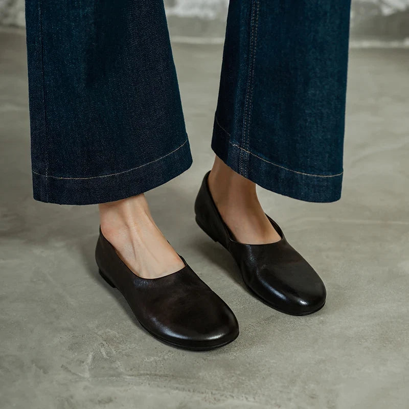 2026 Spring Shallow Mouth Round Toe Loafers Women Shoes Genuine Leather Boat Shoes Fashion Concise Ballet Flats Women Flats