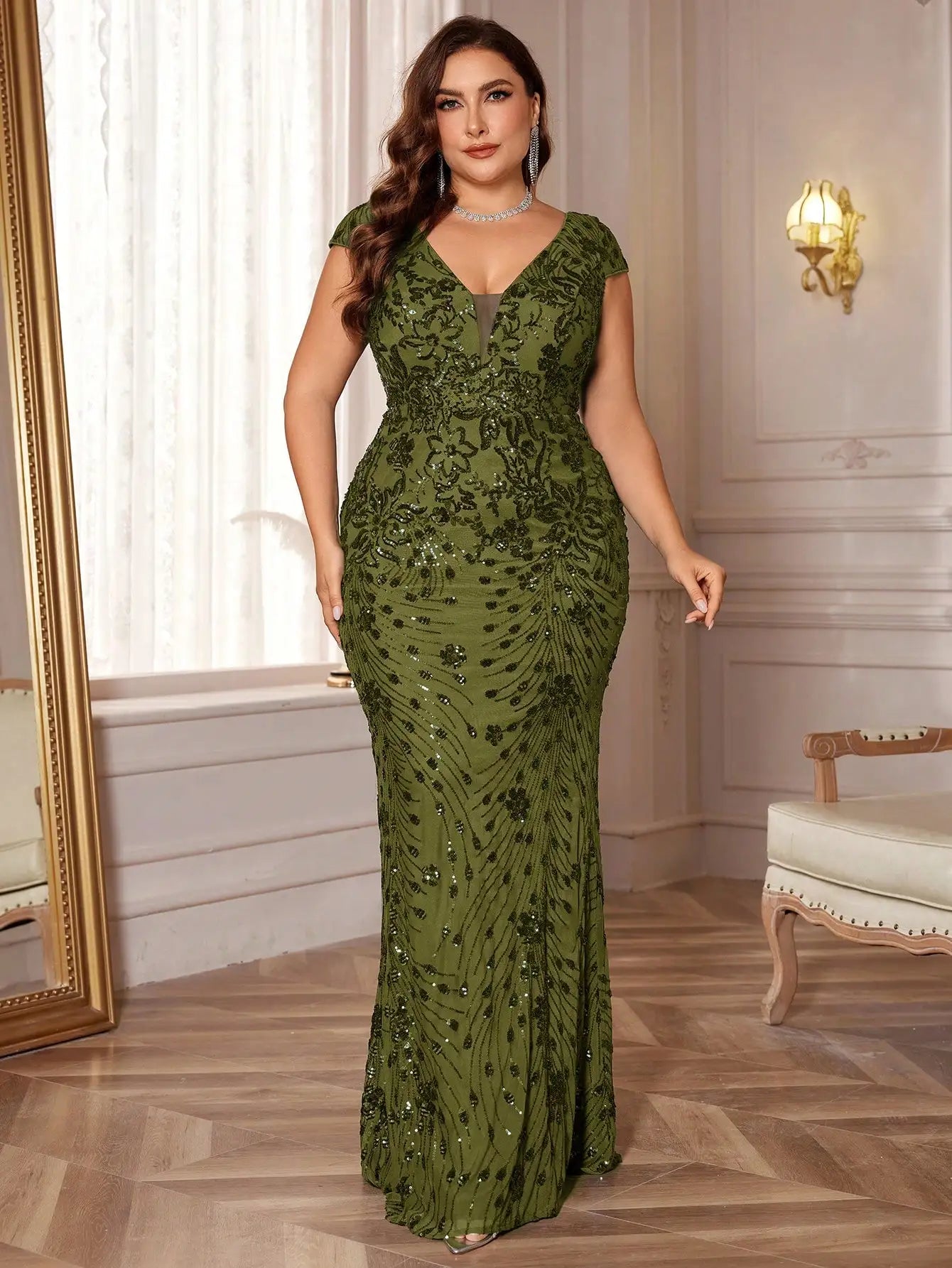 BLUEPLUM Tallas Grandes Elegante Vestido de Noche Azul Para Mujer 2024 Lujoso Sirena Largo Formal Lentejuelas Escote en V Fiesta de Graduación Boda