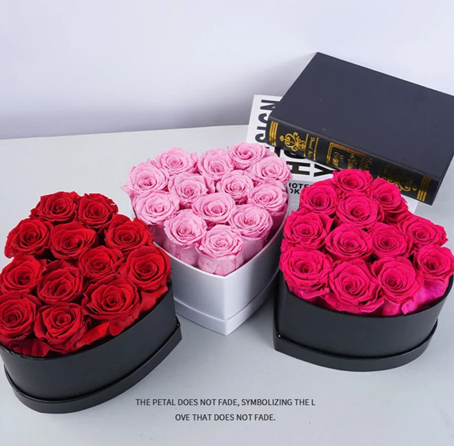 12-13pcs Peserved Roses in Heart Shape Box 100% Natural Long Last Real