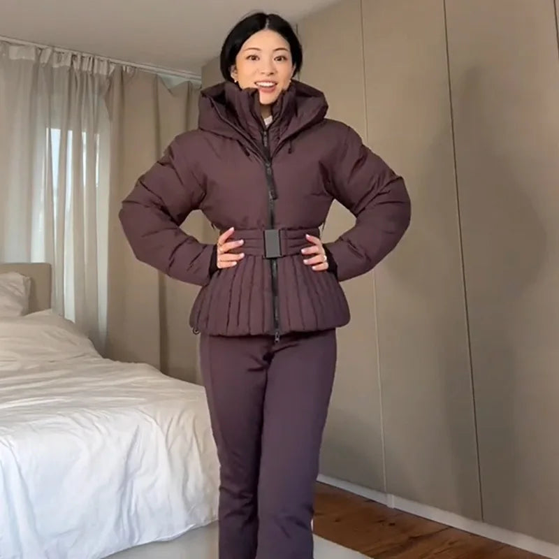 Belted Chic Hooded Cotton Coat Women Casual Full Sleeve Stand Collar Zipper Short Skiwear  Lady Winter Sport Puffer Jacket