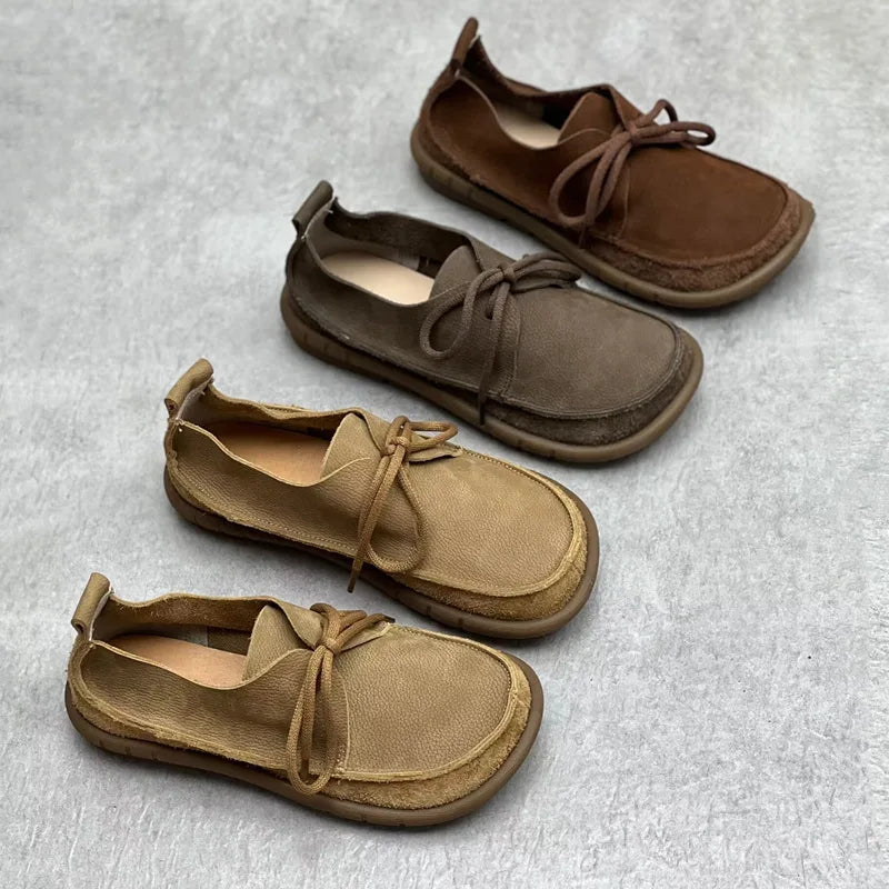 Johnature Handmade Genuine Leather Flats 2026 New Women Shoes Round Toe Shallow Soft Sole Loafers Retro Solid Color Shoes