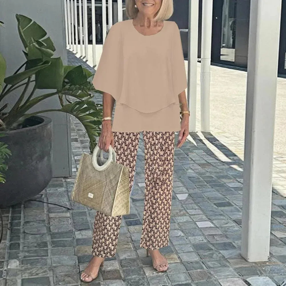 Summer Fashion New 2 piece Sets Women o-neck Sleeve print Pants Suits Casual Loose Irregular Top Wide Leg Pant two piece Set