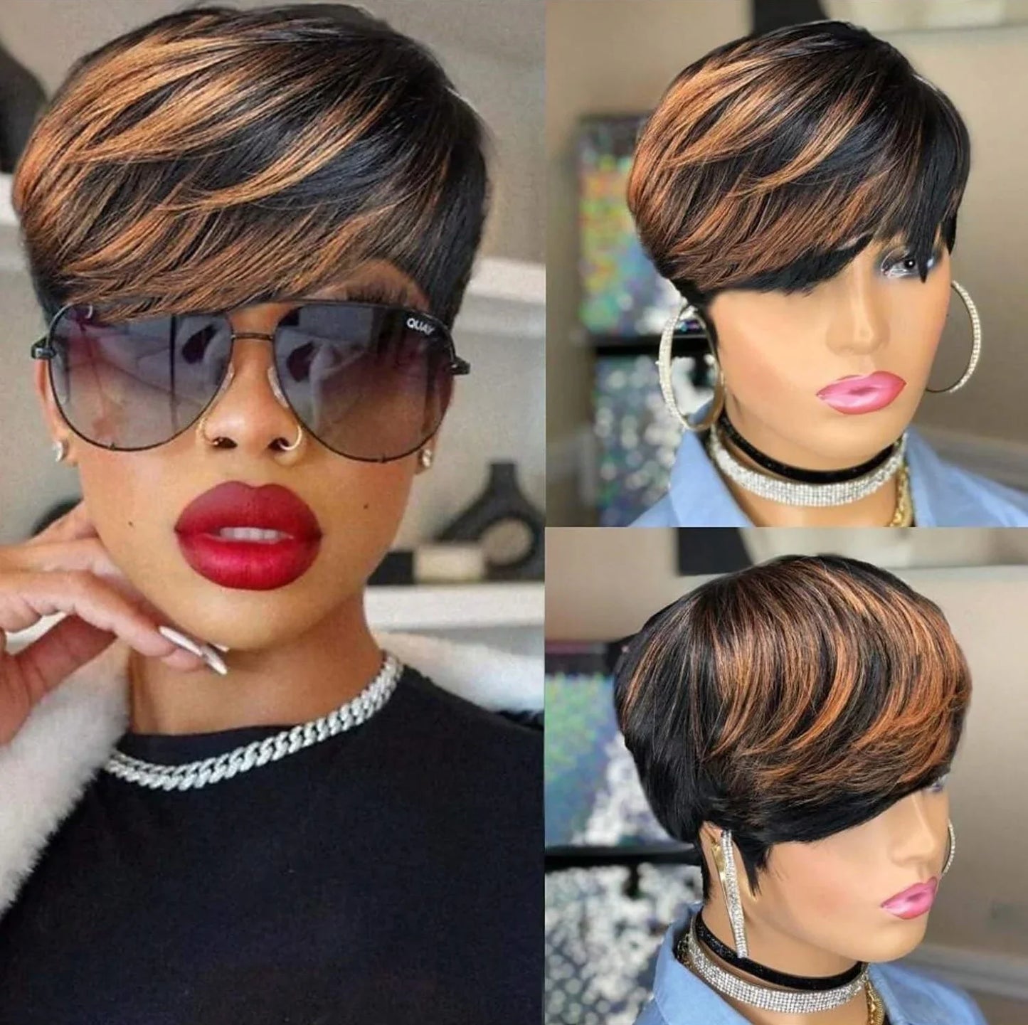 WIGERA Pelucas sintéticas destacadas Corto Liso Pixie Cut Peluca Bob Pelo Dorado Miel Mezcla Negro Cabello para Mujer