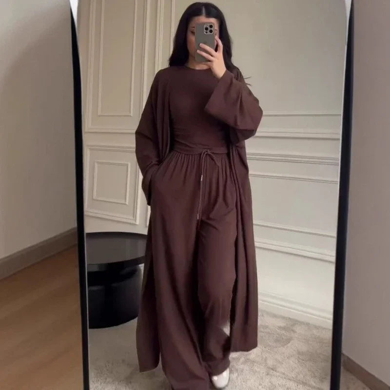 Pant Set Women Three Piece Sets Round Neck Short Sleeve Shirt Straight Pants Lace Up Long Robe Y2k Streetwear Work Casual 2026