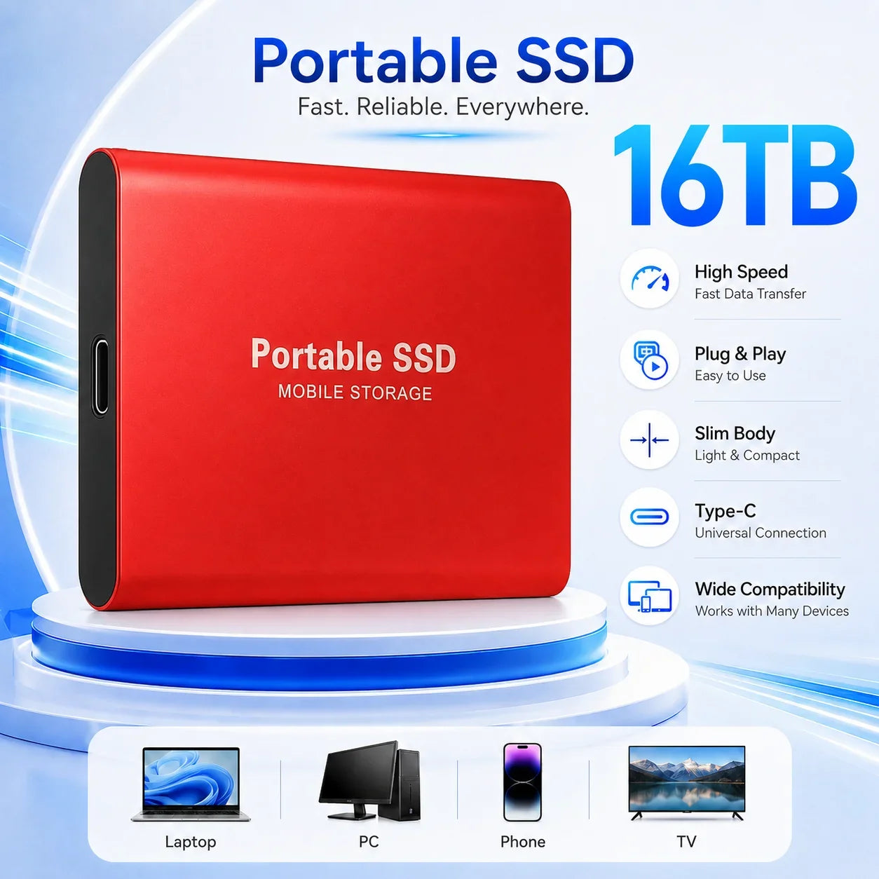 2TB External Hard Drive 4TB Portable SSD USB-C High-Speed Storage Disk for File Backup Compact & Durable