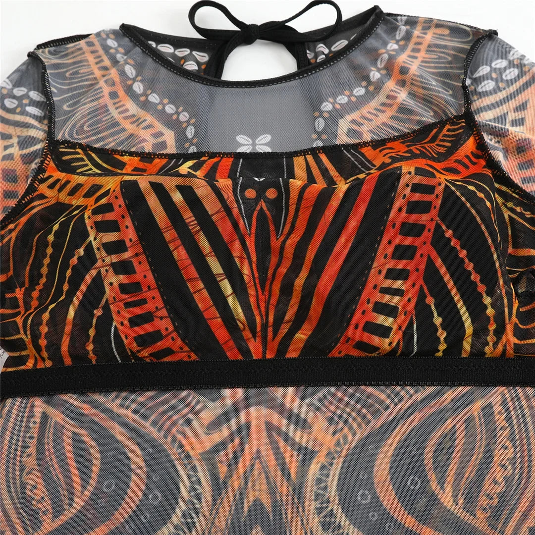 S - XXL 3PCS New Printed Long Sleeve With Pants Sarong Women Swimwear One Piece Swimsuit Female Bather Bathing Suit Swim V7180