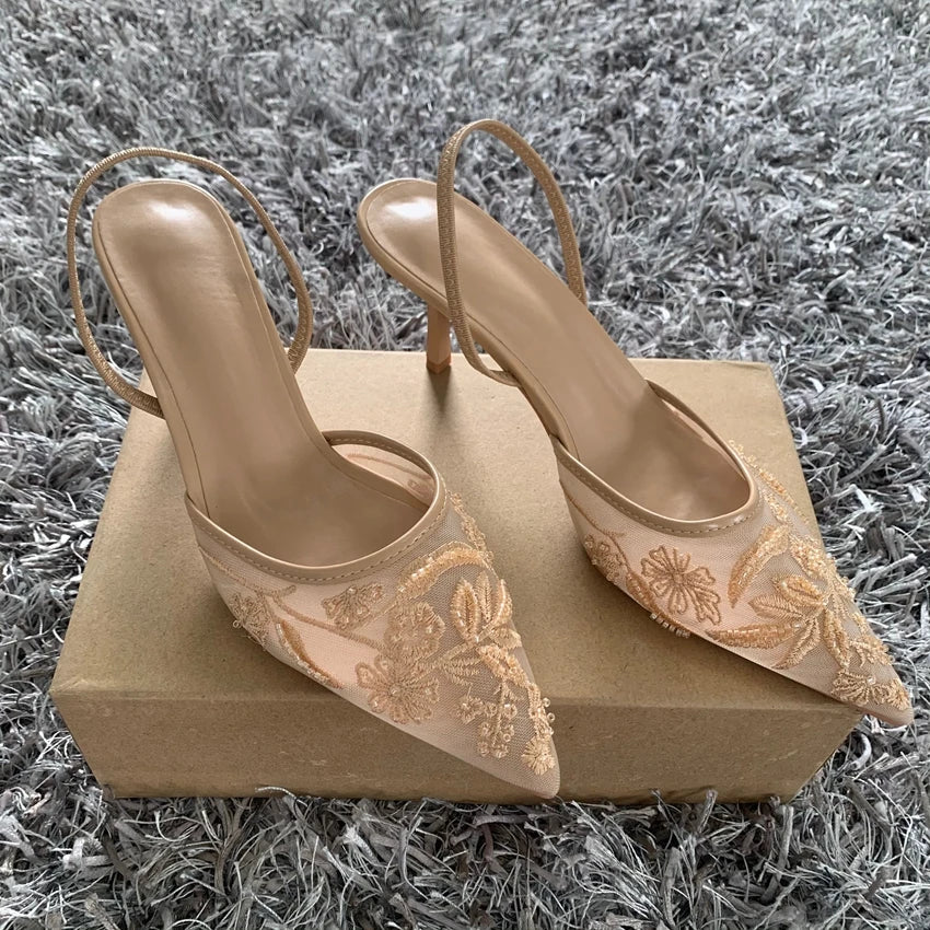 Black Embroidered Mesh Slingback High Heels Sandals for Women Designer Shoes Woman Elegant Style Wedding Party Pumps
